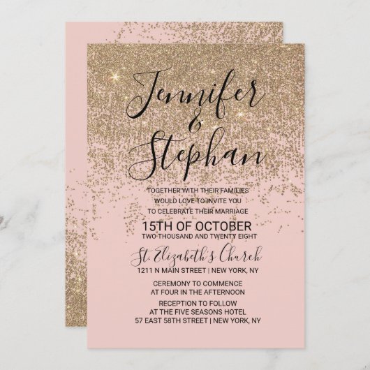 金ゴールドのグリッターの輝きの赤面のピンクの結婚式 招待状 (正面/裏面)