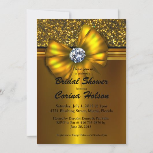 金ゴールドのグリッターの金ゴールドの弓ブライダルシャワー招待状 招待状 (正面)