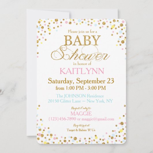 金ゴールドのグリッターの青いピンクの黄色はベビーシャワーを振りかけます 招待状 (正面)