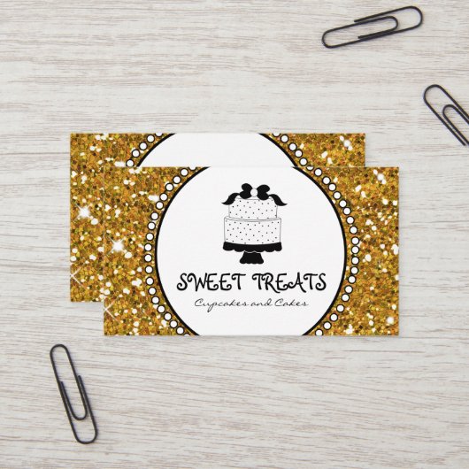 金ゴールドのグリッターの黒のケーキのベーカリーの名刺 名刺 (正面/裏面インサイチュ)