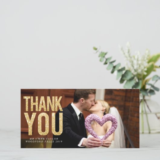 金ゴールドのグリッターは上にありました写真カードの感謝していしています サンキューカード (スタンド正面)