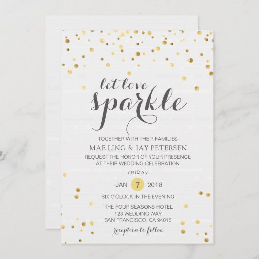 金ゴールドのグリッターは愛輝きの結婚式招待状を可能にしました 招待状 (正面/裏面)