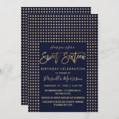 金ゴールドのグリッターは濃紺の菓子16を宝石で飾ります 招待状 (正面/裏面)
