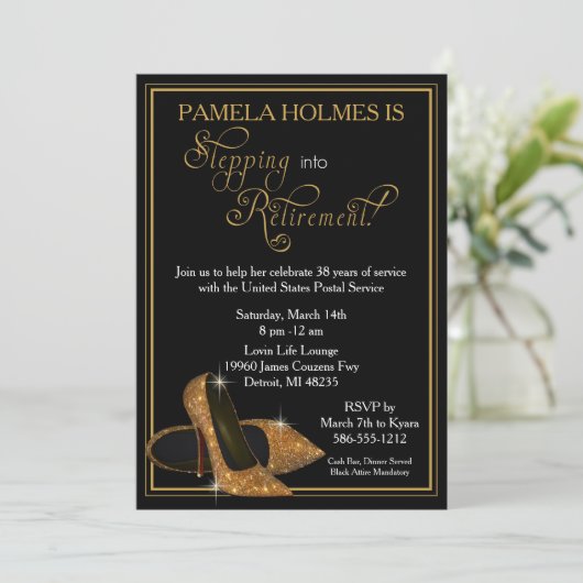 金ゴールドのグリッターは退職パーティーに蹄鉄を打ちます 招待状 (スタンド正面)