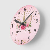 金ゴールドのグリッター及びピンクの花のユニコーン ラウンド壁時計 (傾斜)