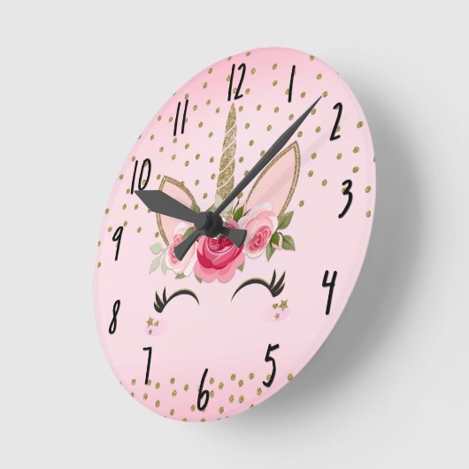 金ゴールドのグリッター及びピンクの花のユニコーン ラウンド壁時計 (傾斜)