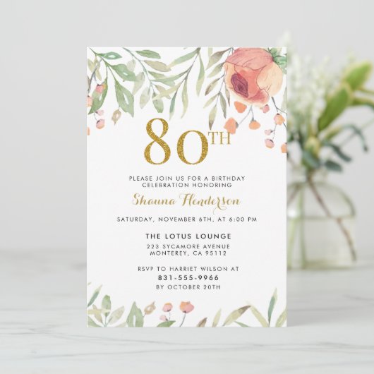 金ゴールドのグリッター及び水彩画の花の第80誕生日 招待状 (スタンド正面)