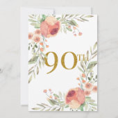 金ゴールドのグリッター及び水彩画の花の第90誕生日 招待状 (裏面)