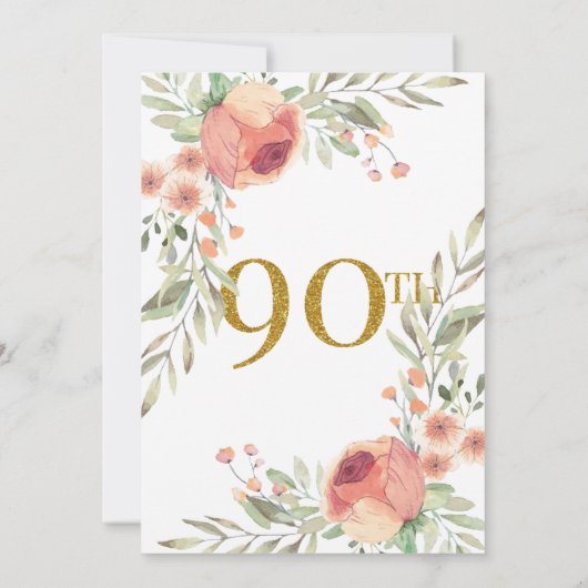 金ゴールドのグリッター及び水彩画の花の第90誕生日 招待状 (裏面)
