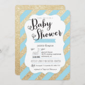 金ゴールドのグリッター及び青い縞の男の赤ちゃんのシャワーの招待 招待状 (正面/裏面)