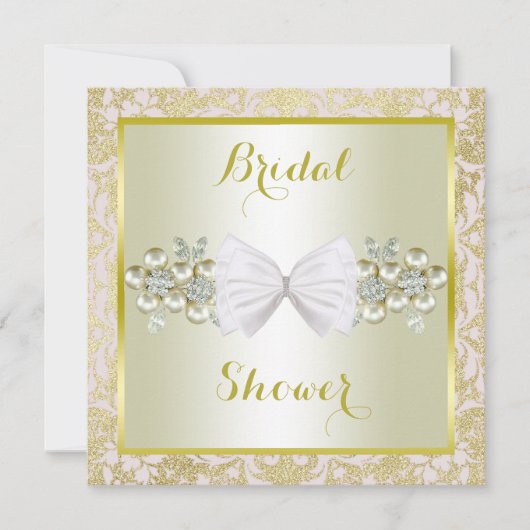 金ゴールドのグリッター、ダイヤモンドの宝石及び弓ブライダルシャワー 招待状 (正面)