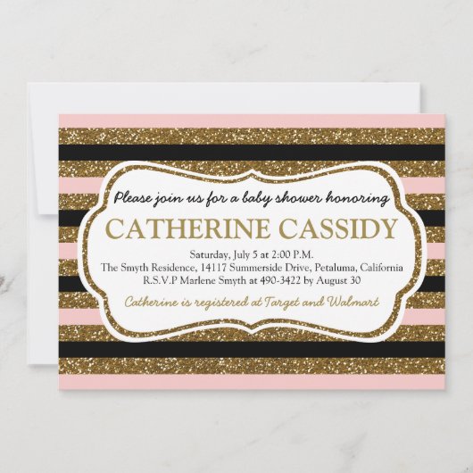 金ゴールドのグリッター、ローズクォーツのベビーシャワーの招待状 招待状 (正面)