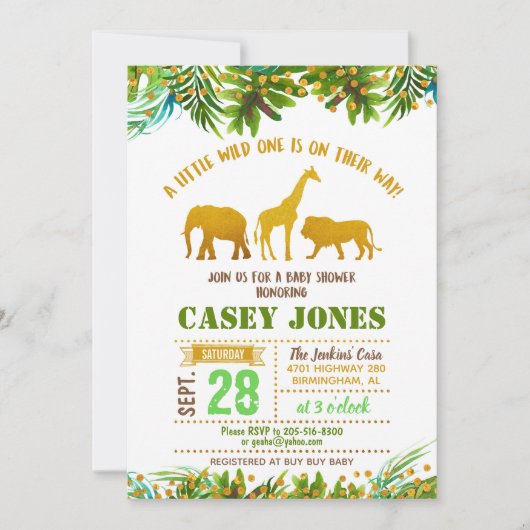 金ゴールドのサファリの動物のベビーシャワーの招待状 招待状 (正面)