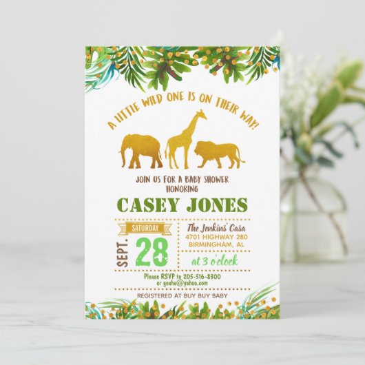 金ゴールドのサファリの動物のベビーシャワーの招待状 招待状 (スタンド正面)