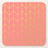 金ゴールドのシェブロンの珊瑚のピンクの背景のモダンな上品 スクエアペーパーコースター (正面)