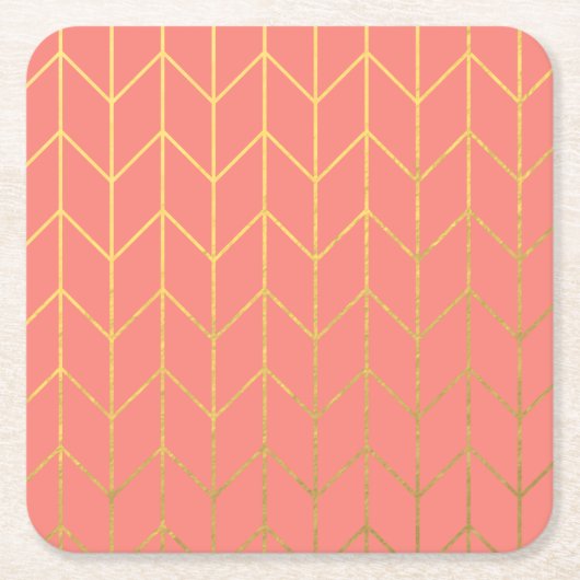 金ゴールドのシェブロンの珊瑚のピンクの背景のモダンな上品 スクエアペーパーコースター (正面)