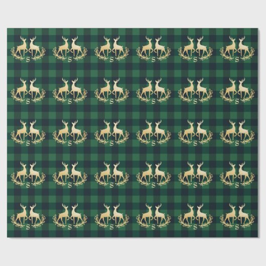 金ゴールドのシカのモノグラムの緑のバッファローの格子縞のクリスマス ラッピングペーパー (フラット)
