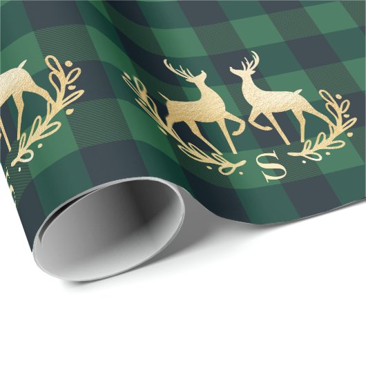 金ゴールドのシカのモノグラムの緑のバッファローの格子縞のクリスマス ラッピングペーパー (ロールコーナー)