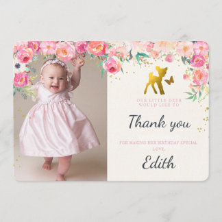 金ゴールドのシカ及び花柄の写真のサンキューカード サンキューカード