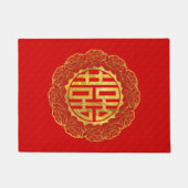 金ゴールドのシャクヤクフレームの二重幸福の記号 ドアマット (正面)