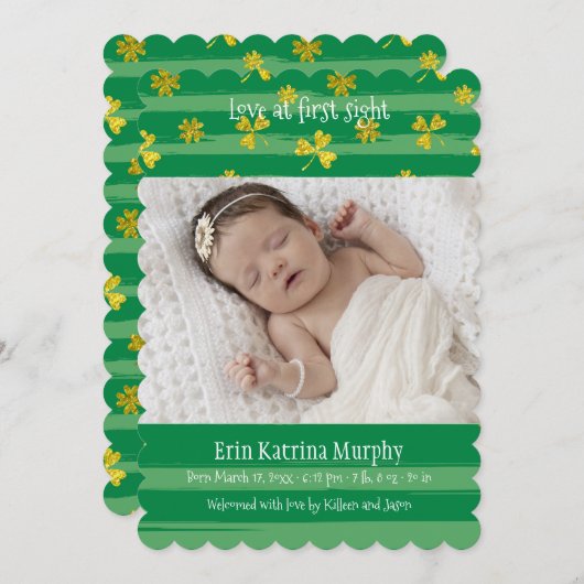 金ゴールドのシャムロックの写真の誕生の発表 案内状 (正面/裏面)