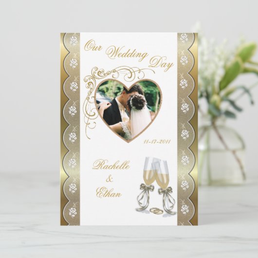 金ゴールドのシャンペンのガラス結婚式の写真の招待状 招待状 (スタンド正面)