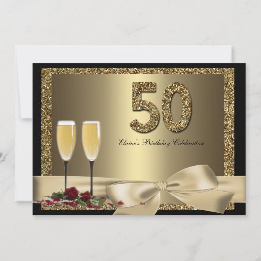 金ゴールドのシャンペン黒い第50の女性の誕生日の招待 招待状 (正面)