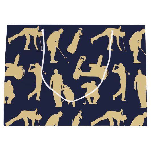 金ゴールドのシルエットのゴルファーのイメージ ラージペーパーバッグ (正面)