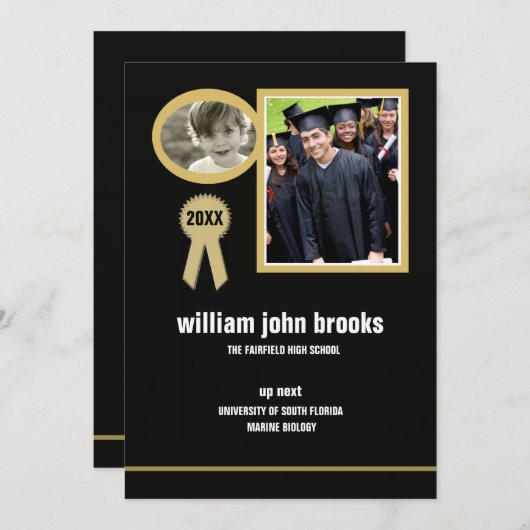 金ゴールドのシールの写真の卒業の発表か招待状 招待状 (正面/裏面)