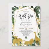 金ゴールドのジオメトリック・ワイルド・ワンジャングル動物のベビーシャワー 招待状 (正面)