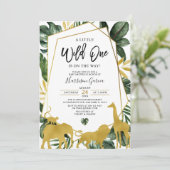 金ゴールドのジオメトリック・ワイルド・ワンジャングル動物のベビーシャワー 招待状 (スタンド正面)