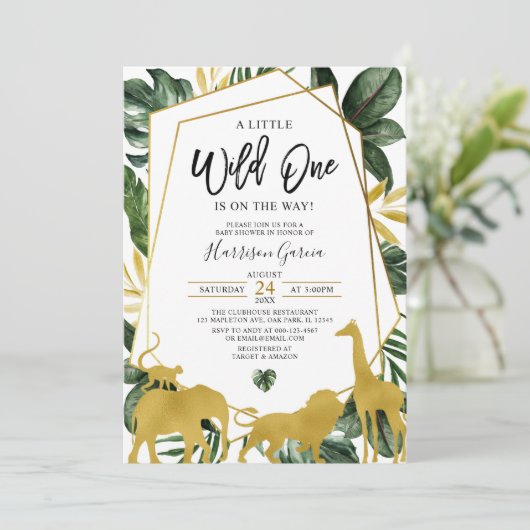 金ゴールドのジオメトリック・ワイルド・ワンジャングル動物のベビーシャワー 招待状 (スタンド正面)