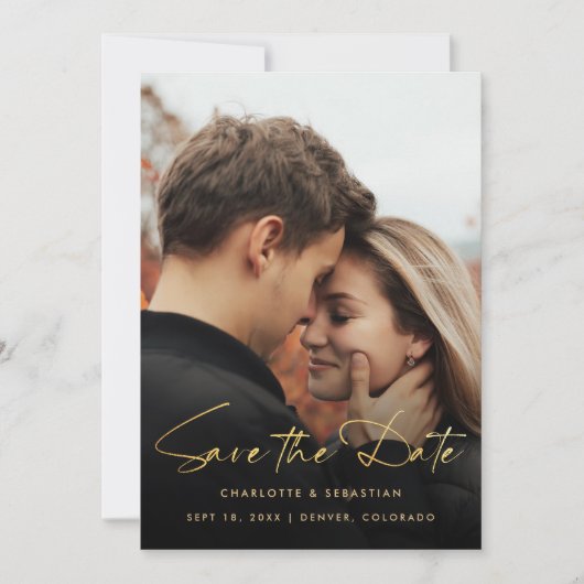 金ゴールドのスクリプト写真の保存日付 セーブザデート (正面)