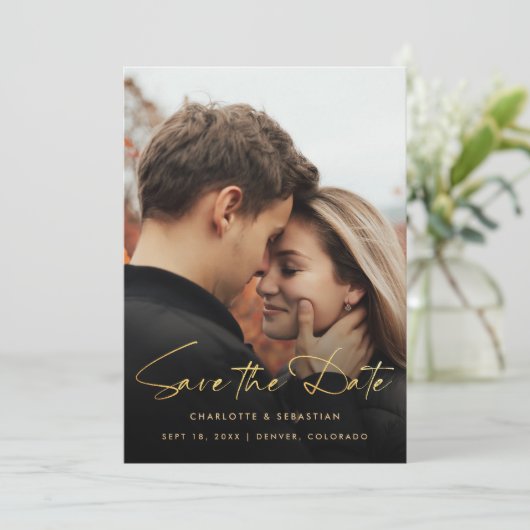 金ゴールドのスクリプト写真の保存日付 セーブザデート (スタンド正面)