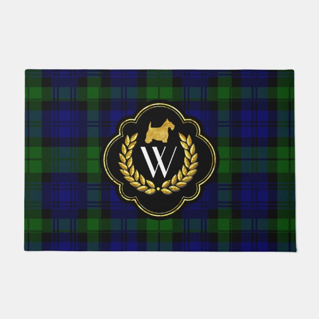 金ゴールドのスコッチテリア、リースおよびモノグラム ドアマット (正面)