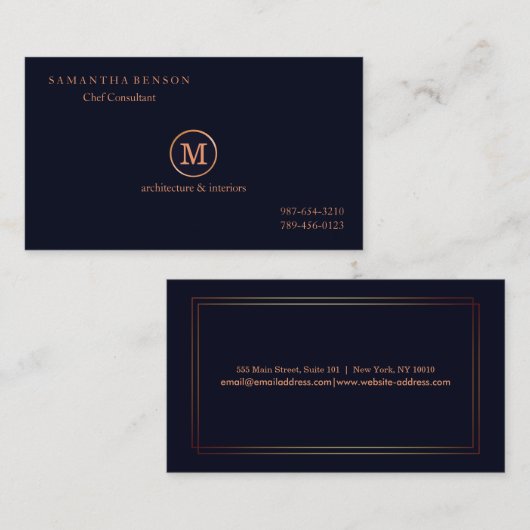 金ゴールドのストライプのでモノグラムのでモダンなスタイリストの濃紺 名刺 (正面/裏面)