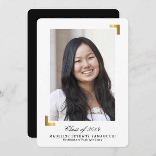金ゴールドのスナップショット卒業の発表の写真カード 招待状 (正面/裏面)
