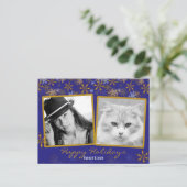 金ゴールドのスノーフレークのダブルフォトクリスマスポストカード シーズンポストカード (スタンド正面)