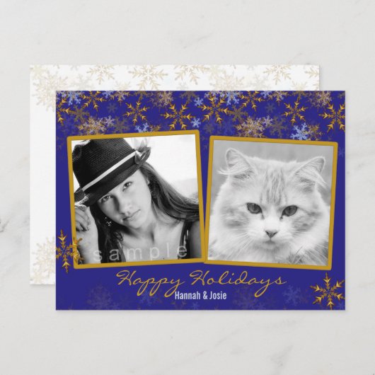金ゴールドのスノーフレークのダブルフォトクリスマスポストカード シーズンポストカード (正面/裏面)