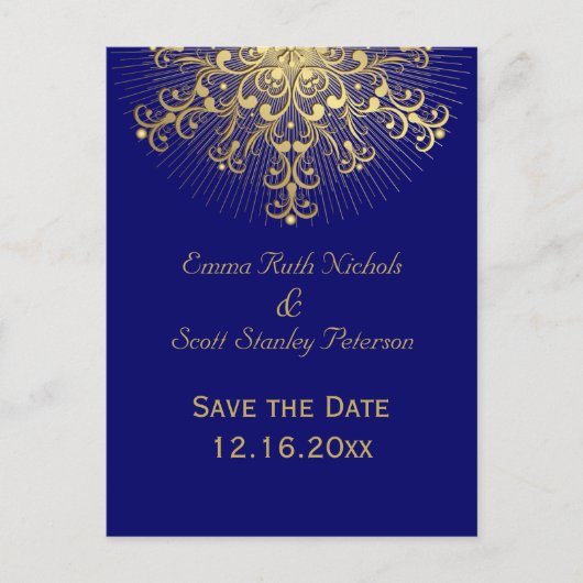 金ゴールドのスノーフレークブルー冬の結婚式の日付を保存 案内ポストカード (正面)