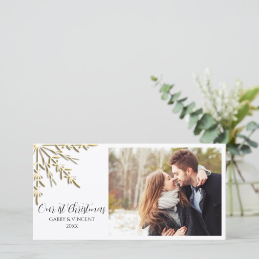 金ゴールドのスノーフレーク初めてのクリスマスを一緒に シーズンカード (スタンド正面)