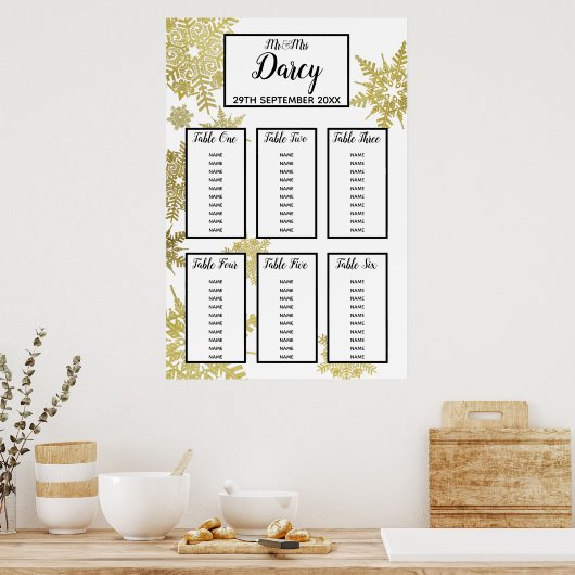金ゴールドのスノーフレーク座席表 ポスター (キッチン)