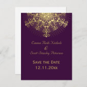 金ゴールドのスノーフレーク紫色の冬の結婚式の日付を保存 案内ポストカード (正面/裏面)