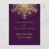 金ゴールドのスノーフレーク紫色の冬の結婚式の日付を保存 案内ポストカード (正面)