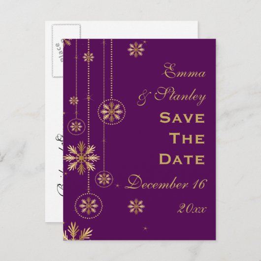 金ゴールドのスノーフレーク紫色の冬の結婚式の日付を保存 案内ポストカード (正面/裏面)