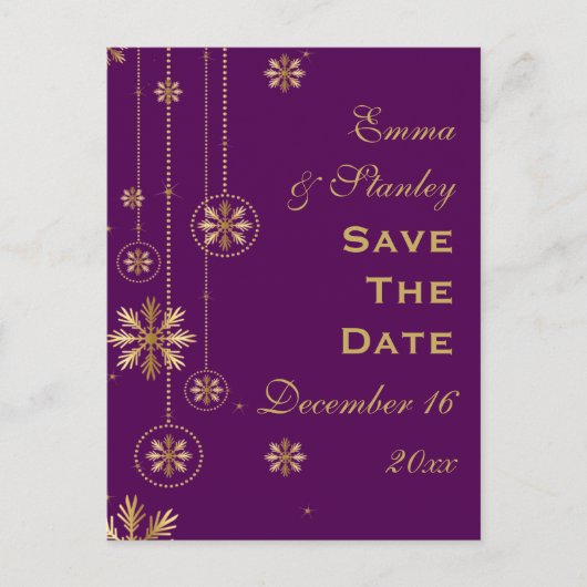 金ゴールドのスノーフレーク紫色の冬の結婚式の日付を保存 案内ポストカード (正面)