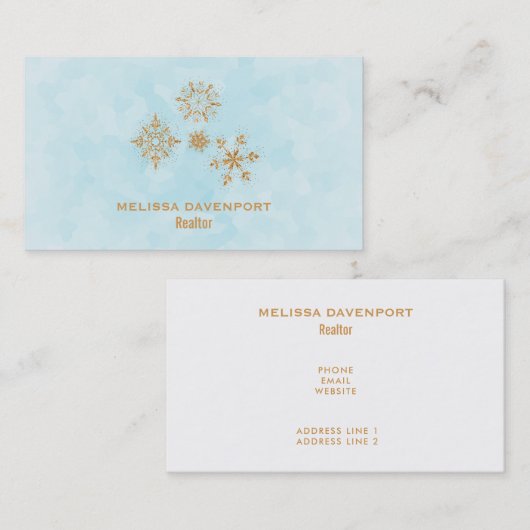 金ゴールドのスノーフレーク霜の降りたの結晶 – クリスマス 名刺 (正面/裏面)