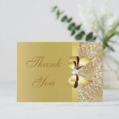 金ゴールドのスパンコール、弓及びダイヤモンドは結婚式感謝していしています サンキューカード (スタンド正面)