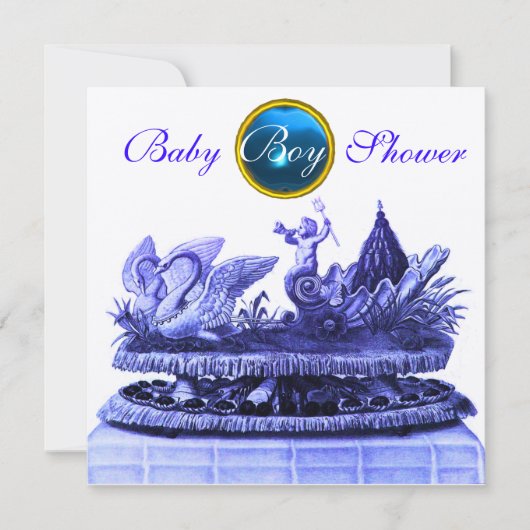 金ゴールドのスワン/カップケーキボーイ赤ちゃんシャワー 招待状 (正面)