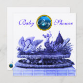 金ゴールドのスワン/カップケーキボーイ赤ちゃんシャワー 招待状 (正面/裏面)